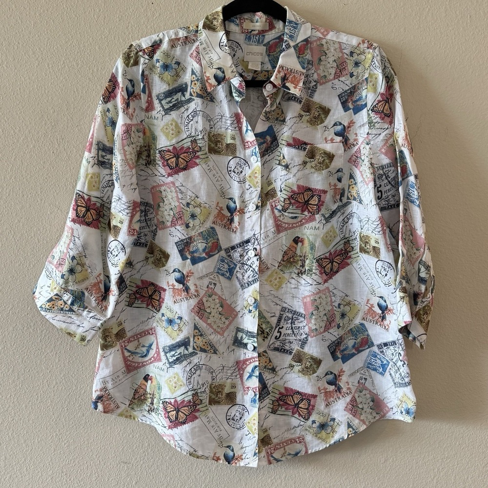 Chico's Linen Tunic Blouse‎ Travel Stamp Pattern 100% Linen Button Front Size 1